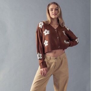 Love Tree Brown Retro Floral Cropped Cardigan | M